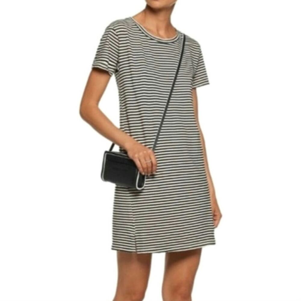 AMO Striped Cotton T Shirt Dress Distressed Scoop Neck Black White L Coastal